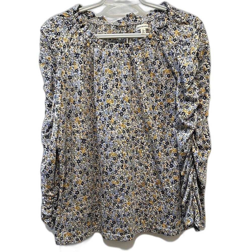 Max Studio Floral Ruched Sleeve Top Blue Yellow Blouse Women’s L